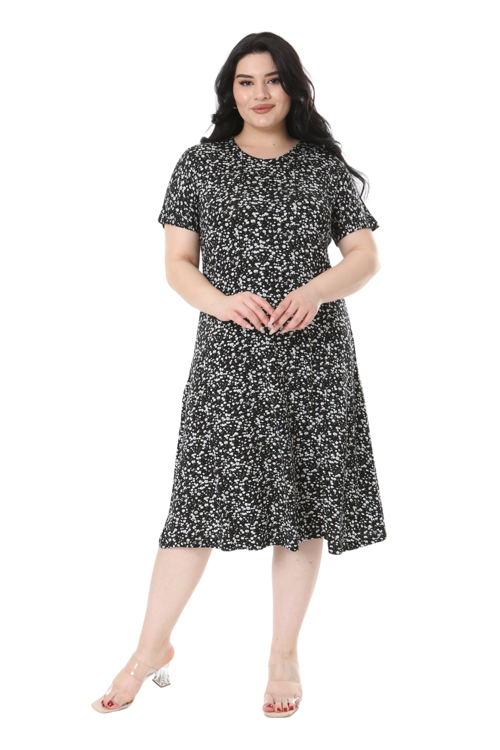 Butik Siyah Çıtır Desen Kısa Kollu Büyük Beden Midi Elbise