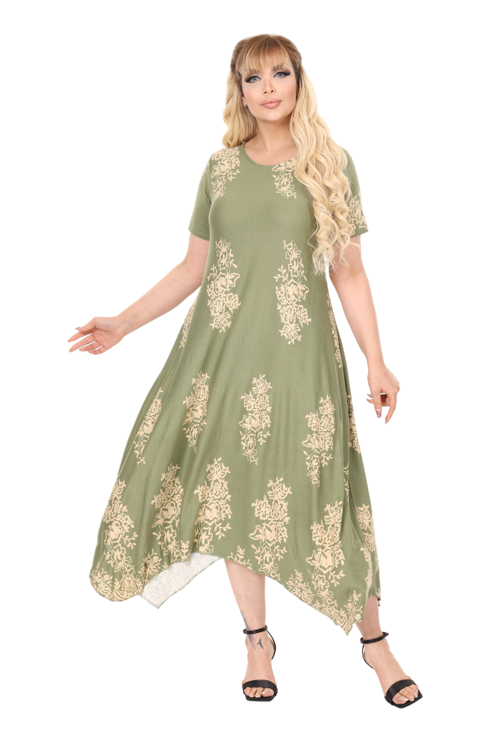 Butik Haki Pano Desen Asimetrik Kısa Kollu Elbise