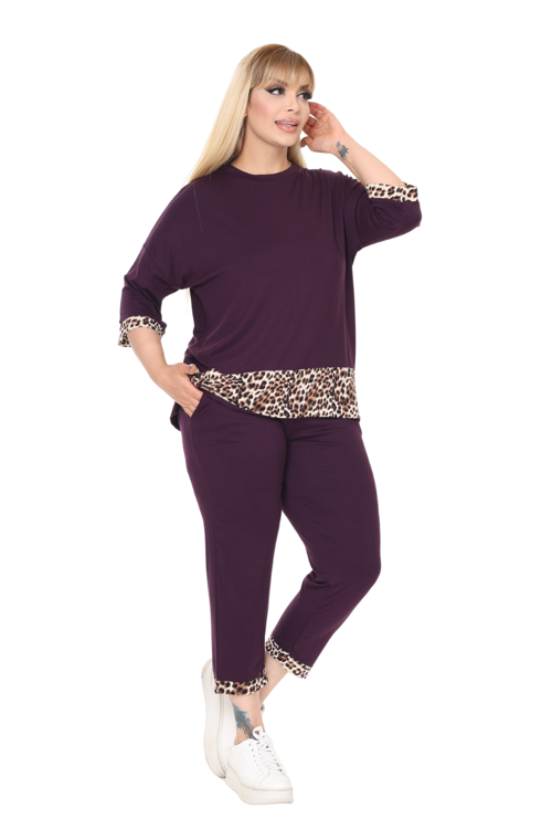 Butik Mor Leopar Şeritli Büyük Beden Kadın Kapri Takımı