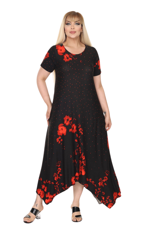 Butik Kırmızı Puanlı Gelincik Desen Asimetrik Kısa Kollu Elbise