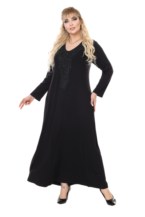 Butik Siyah Uzun Kollu Güpür Yaka Uzun Elbise