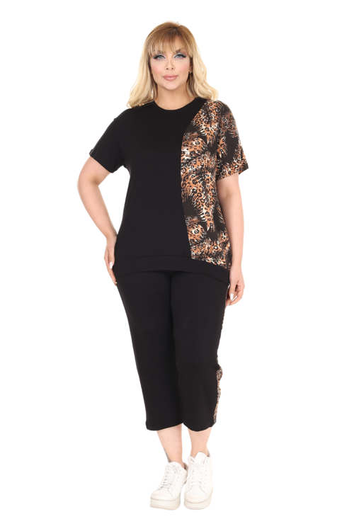 Butik Siyah Kısa Kol Yarım Başak Garnili Viskon Kapri Takım