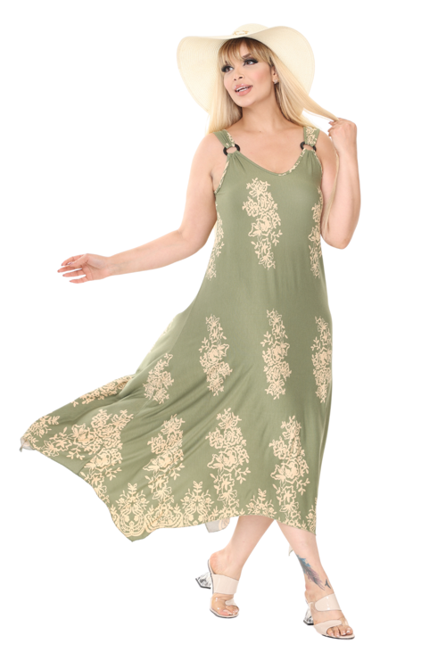 Butik Askılı V Yaka Haki Pano Desen Elbise