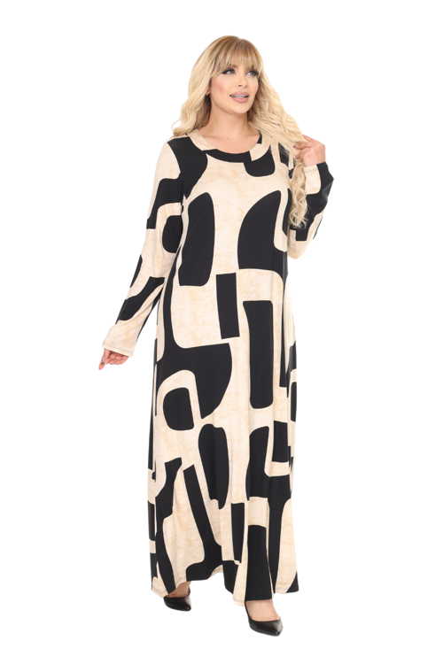 Butik Bej Picasso Desen Uzun Kollu Kadın Tesettür Elbise