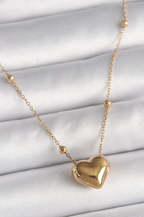 Çelik Gold Renk Topçuk Detaylı Zincir Kalp Model Kadın Kolye