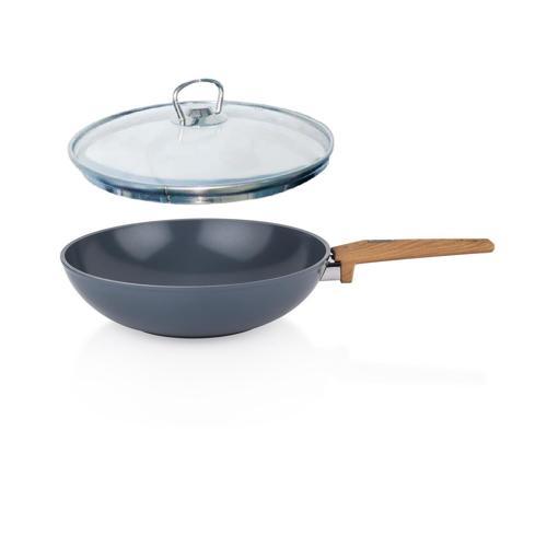 Seramik Wok Tava 28 CM Yanmaz Yapışmaz Yüzey Cam Kapaklı