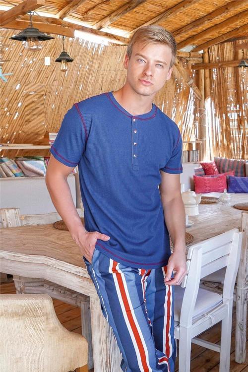 Erkek Lacivert Çizgili Düğmeli Yaka Kısa Kol Pijama Takımı 15014 -  1 Adet