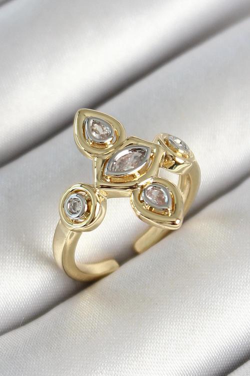 Pirinç Beş Taş Trend Figür Zirkon Taşlı Gold Renk Ayarlanabilir Kadın Yüzük - EBJ250530W34388