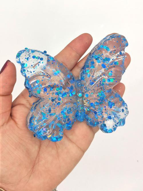 Kelebek Şeffaf Glitter Simli Moj Moj Taba Squishy Sıkma 10x8 cm Simli Sukuşi - Mavi