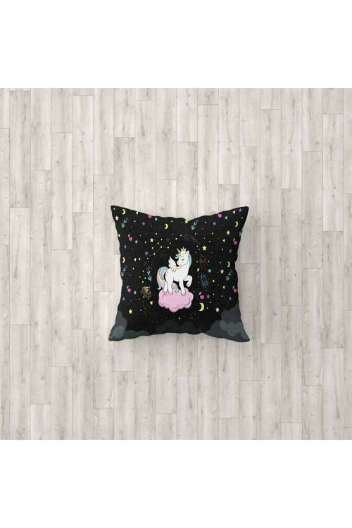 Siyah Unicorn Desenli Çocuk Ve Bebek Odası 3'Lü Kırlent Kılıfı Tlakr-077