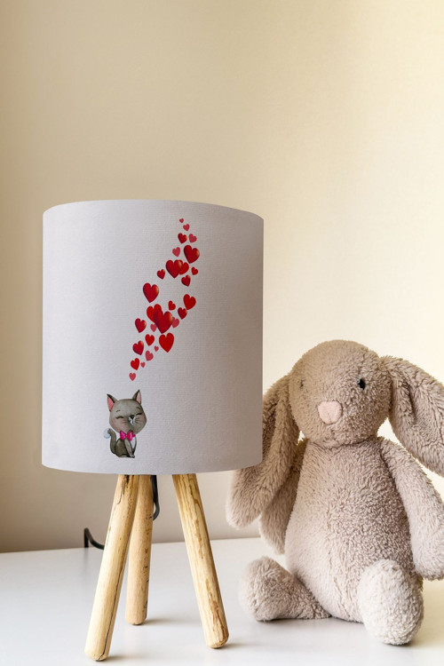 Kalp Ve Kedi Desenli Çocuk Odası Abajur Masa Lambası Tlab-157
