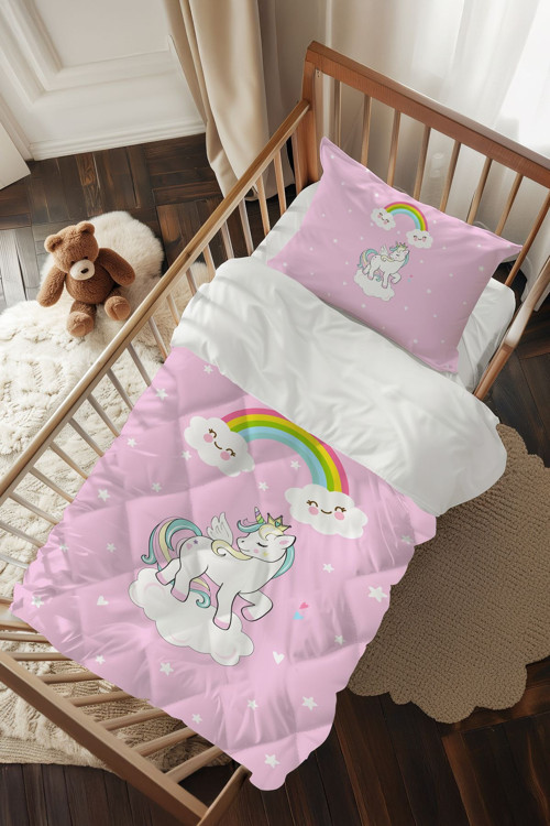 Pembe Unicorn Desenli Bebek Beşik Uyku Seti
