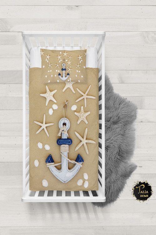 Denizyıldızı Çapa Desenli Bebek Nevresim Takımı Çarşaflı Tlabn-038