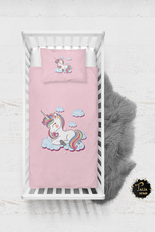 Pembe Unicorn Desenli Bebek Nevresim Takımı Çarşaflı Tlabn-060