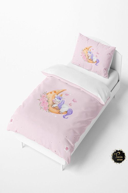 Pembe Uyuyan Unicorn Desenli Bebek Ve Çocuk Nevresim Takımı Tlan-080