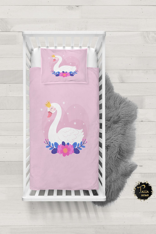 Pembe Kuğu Desenli Bebek Nevresim Takımı Çarşaflı Tlabn-224