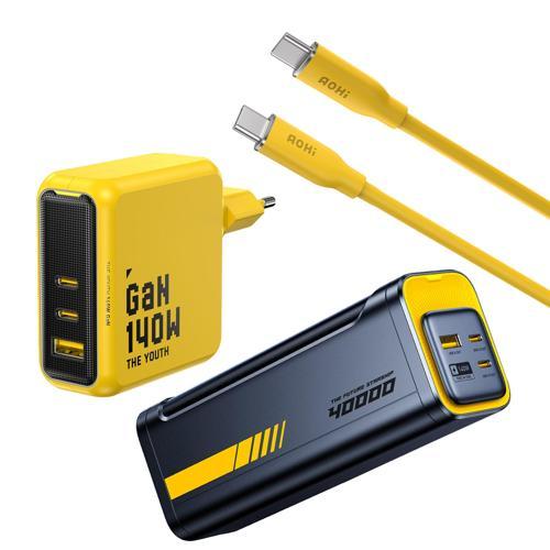 Youth 140W 3 Portlu Şarj Adaptörü, 40.000 mAh 140W PD3.1 Powerbank, 140W 1m PD 3.1 480Mbps Süpe