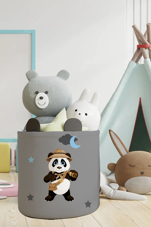 Panda Desenli Çocuk Ve Bebek Odası Düzenleyici Oyuncak Veya Kirli Sepeti Gri