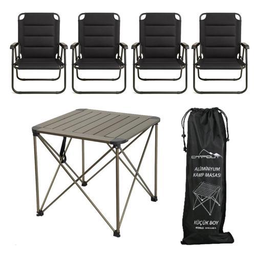 YekOutdoor Katlanabilir Küçük Alüminyum Kamp Masası ve 4 Kişilik Konforlu Kamp Sandalyesi Seti