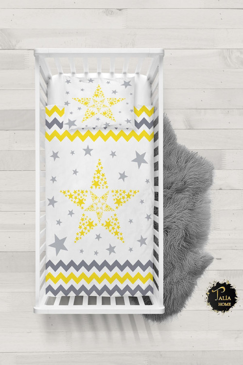Sarı Yıldız Desenli Bebek Nevresim Takımı Çarşaflı Tlabn-215