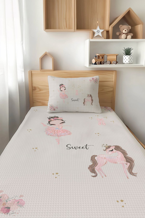 Balerin Kız Ve Unicorn Desenli Tek Kişilik Çocuk Pike Takımı Tlap-258