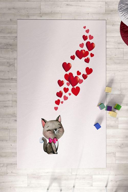 Kalp Ve Kedi Desen Çocuk Odası Halısı