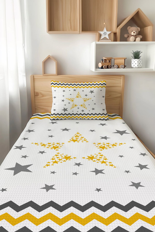 Sarı Şerit Yıldız Desenli Tek Kişilik Çocuk Pike Takımı Tlap-216