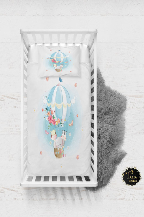 Mavi Uçan Balon Desenli Bebek Nevresim Takımı Çarşaflı Tlabn-003