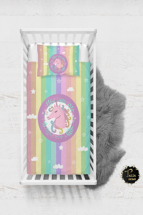Çok Renkli Unicorn Desen Bebek Nevresim Takımı Çarşaflı Tlabn-121