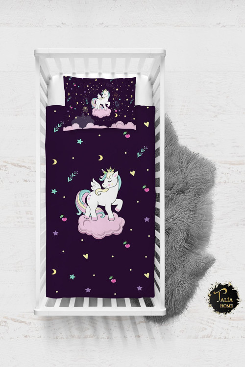 Mor Unicorn Desen Bebek Nevresim Takımı Çarşaflı Tlabn-179