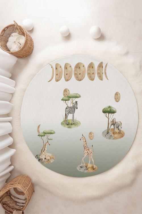Safari Hayvanlar Zebra Zürafa Fil Desenli Yuvarlak Çocuk Halısı Tly-260