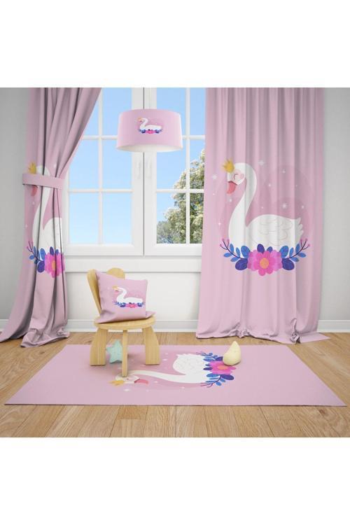 Pembe Kuğu Desenli Çocuk Ve Bebek Odası Fon Perdesi 2 Kanat Tla-224