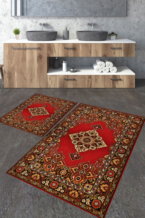 Kırmızı Motifli 2'Li Büyük Boy Banyo Paspas Seti