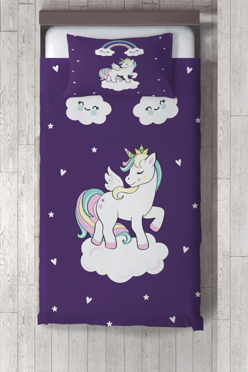 Mor Sevimli Unicorn Desenli Yatak Örtüsü Tlay-72