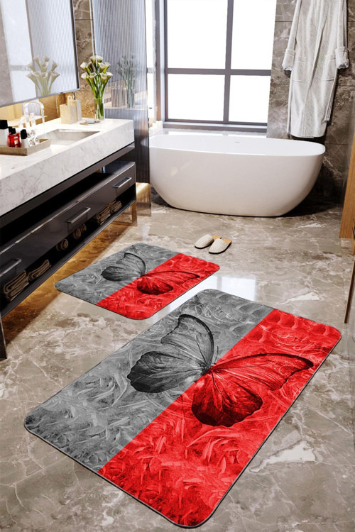 Kırmızı Siyah Baskılı Kelebek 2'Li Büyük Boy Banyo Paspas Seti