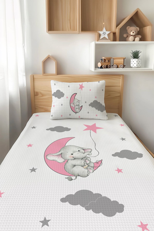 Pembe Fil Desenli Tek Kişilik Çocuk Pike Takımı Tlap-301