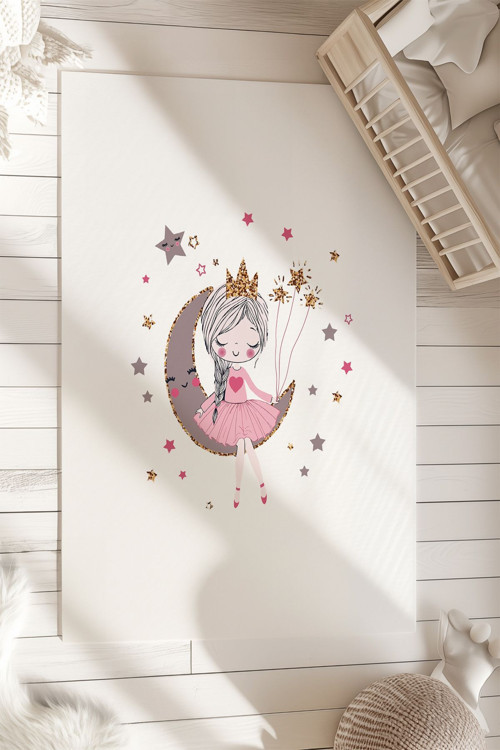Ay'A Oturan Kız Desenli Çocuk Ve Bebek Odası Dekoratif Halı Tlh-085