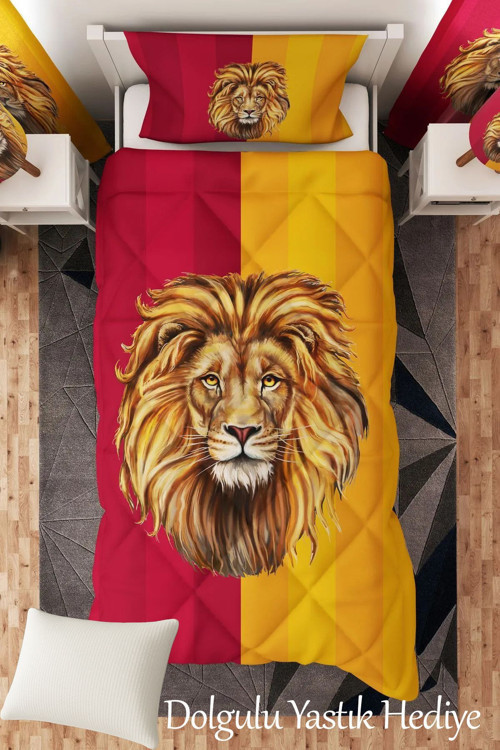 Sarı Kırmızı Aslan Temalı Tek Kişilik Çocuk Yorganı Uyku Seti