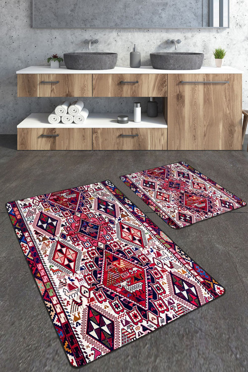 Dokuma Kilim Desenli 2'Li Büyük Boy Banyo Paspas Seti