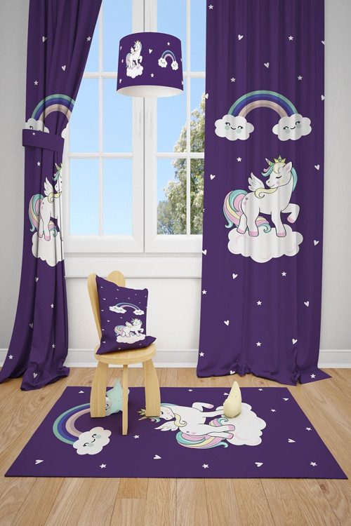 Sevimli Unicorn Desenli Çocuk Odası Fon Perdesi 2 Kanat Tla-172