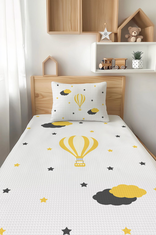 Sarı Balon Desenli Tek Kişilik Çocuk Pike Takımı Tlap-019