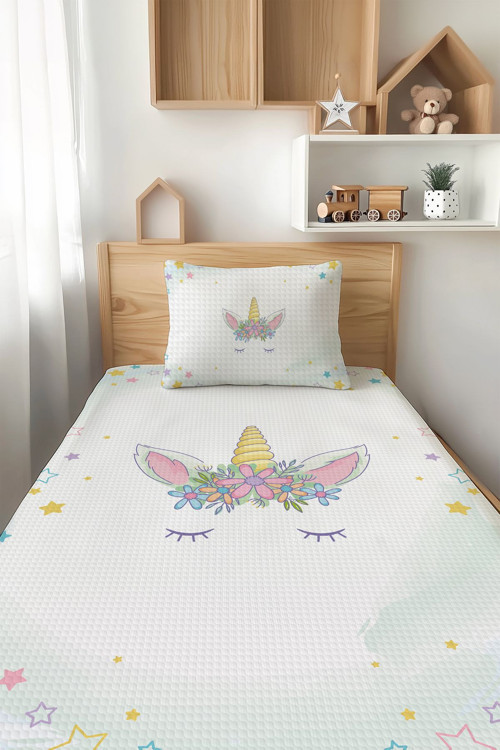 Beyaz Unicorn Desenli Tek Kişilik Çocuk Pike Takımı Tlap-076