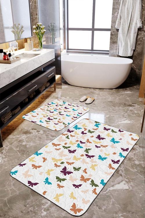 Küçük Kelebek Baskılı 2'Li Büyük Boy Banyo Paspas Seti