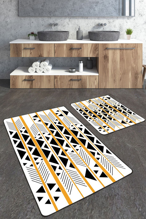 Geometrik Desenli 2'Li Büyük Boy Banyo Paspas Seti