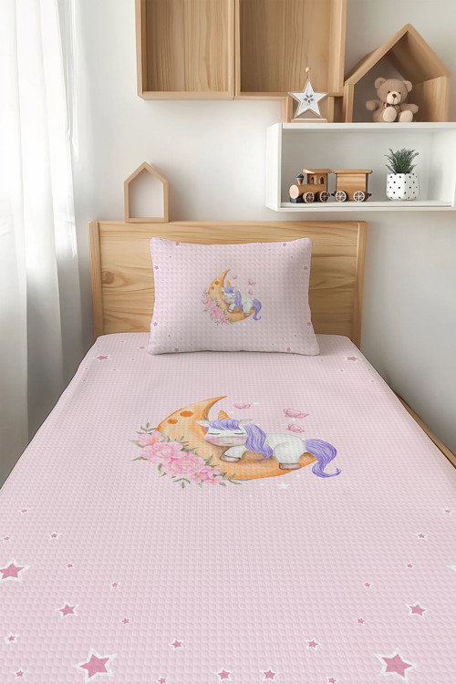 Pembe Uyuyan Unicorn Desenli Tek Kişilik Çocuk Pike Takımı Tlap-080