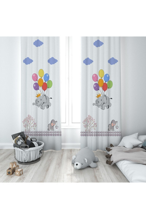 Uçan Fil Desenli Çocuk Ve Bebek Odası Fon Perdesi 2 Kanat Tla-257