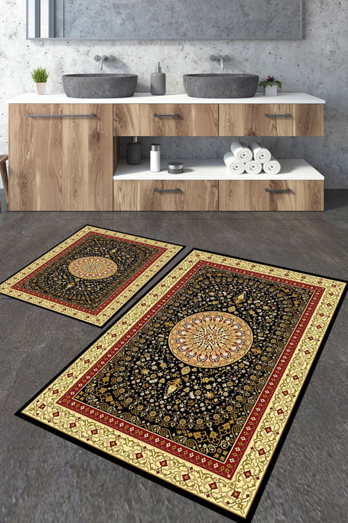 Klasik Siyah Desenli 2'Li Büyük Boy Banyo Paspas Seti