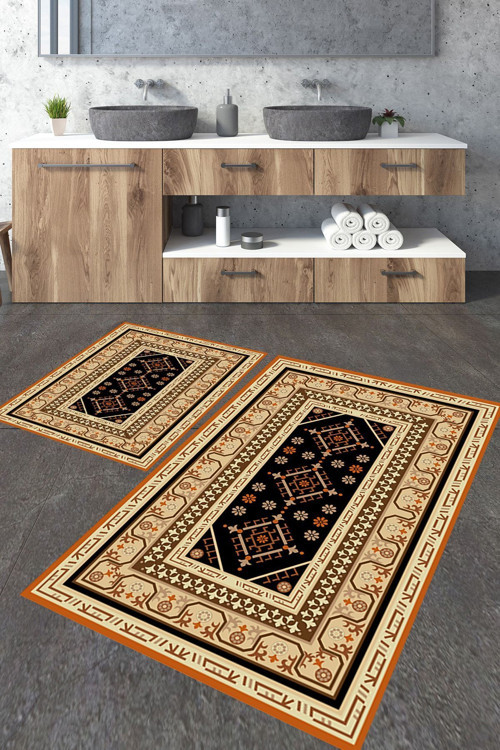 Etnik Geometrik Desenli 2'Li Büyük Boy Banyo Paspas Seti