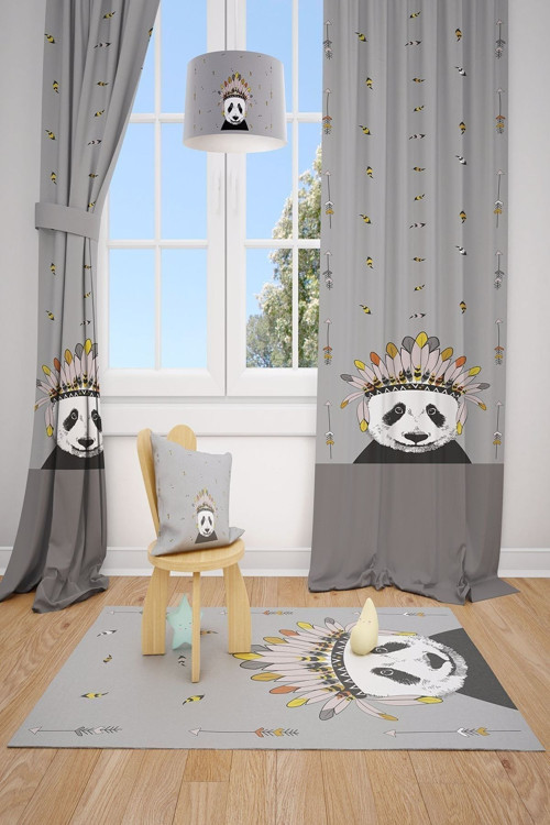 Panda Desen Çocuk Ve Bebek Odası Fon Perde 2 Kanat Tla-101