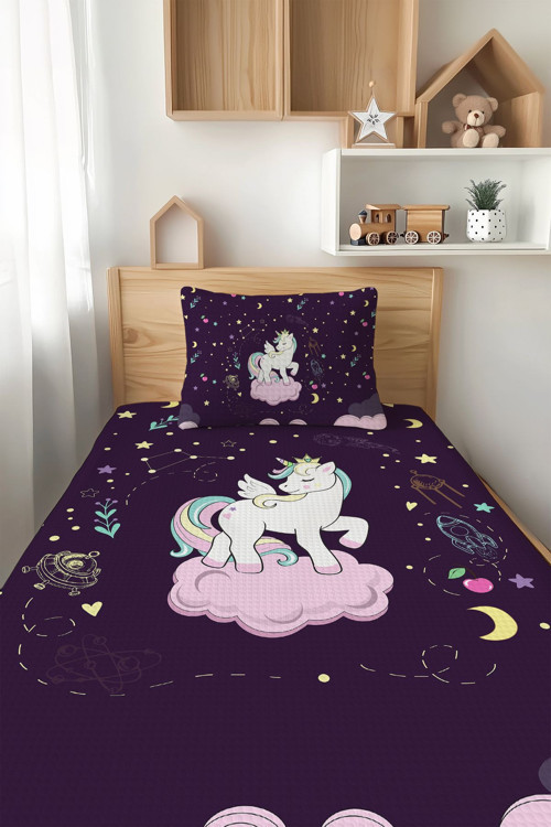 Mor Unicorn Desenli Tek Kişilik Çocuk Pike Takımı Tlap-078